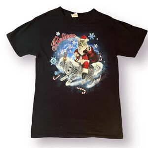 Fruit of the Loom Cotton Believe Kitschy Santa Cat Christmas Tee Navy Blue S